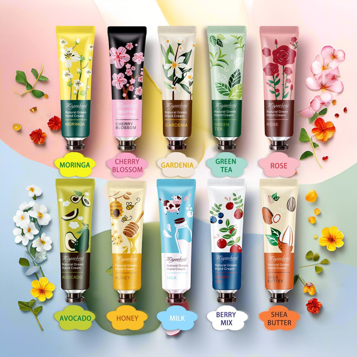 MIYUELENI Hand Creams arranged in an elegant gift setting