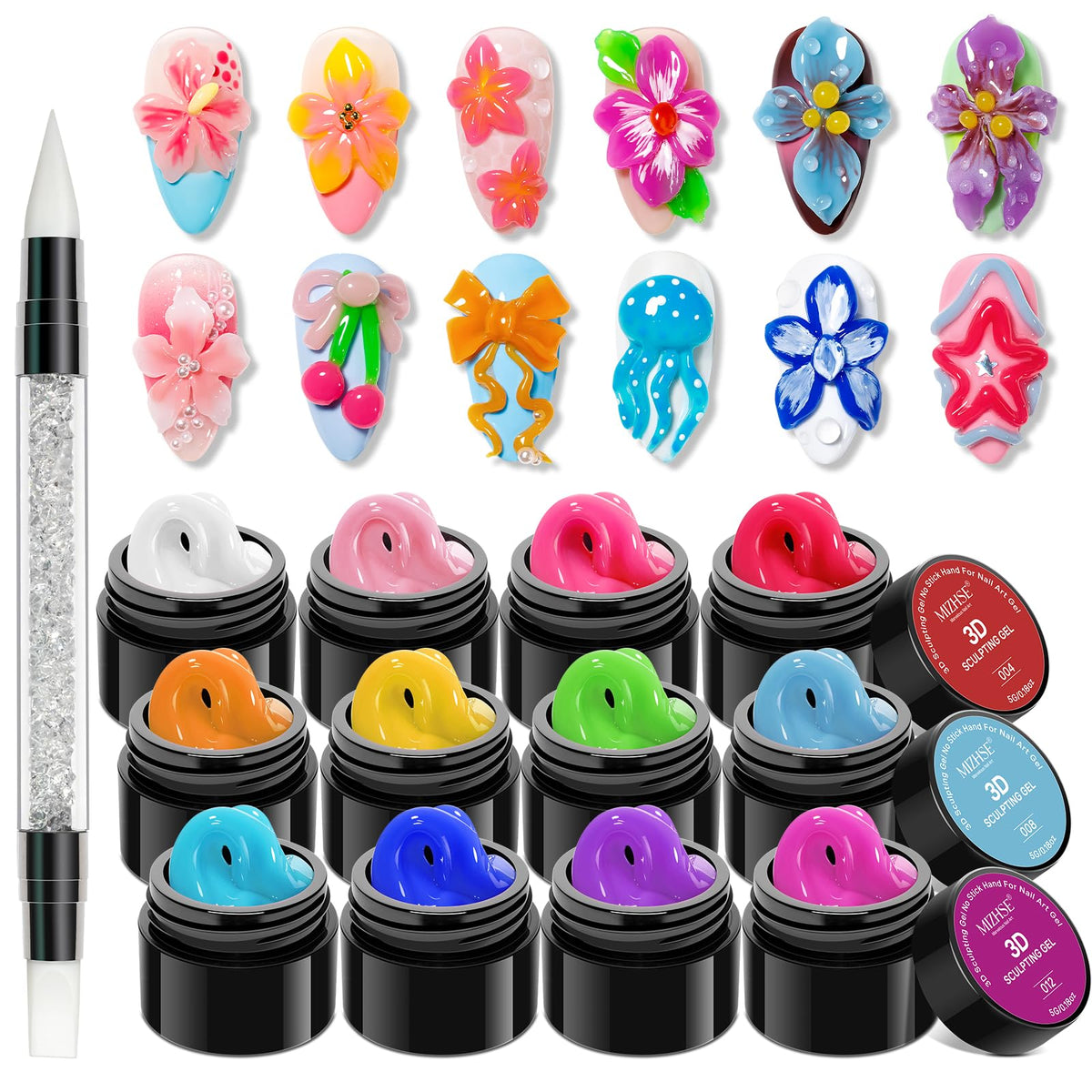 MIZHSE 12-Colour 3D Nail Gel Set front view with vibrant colours