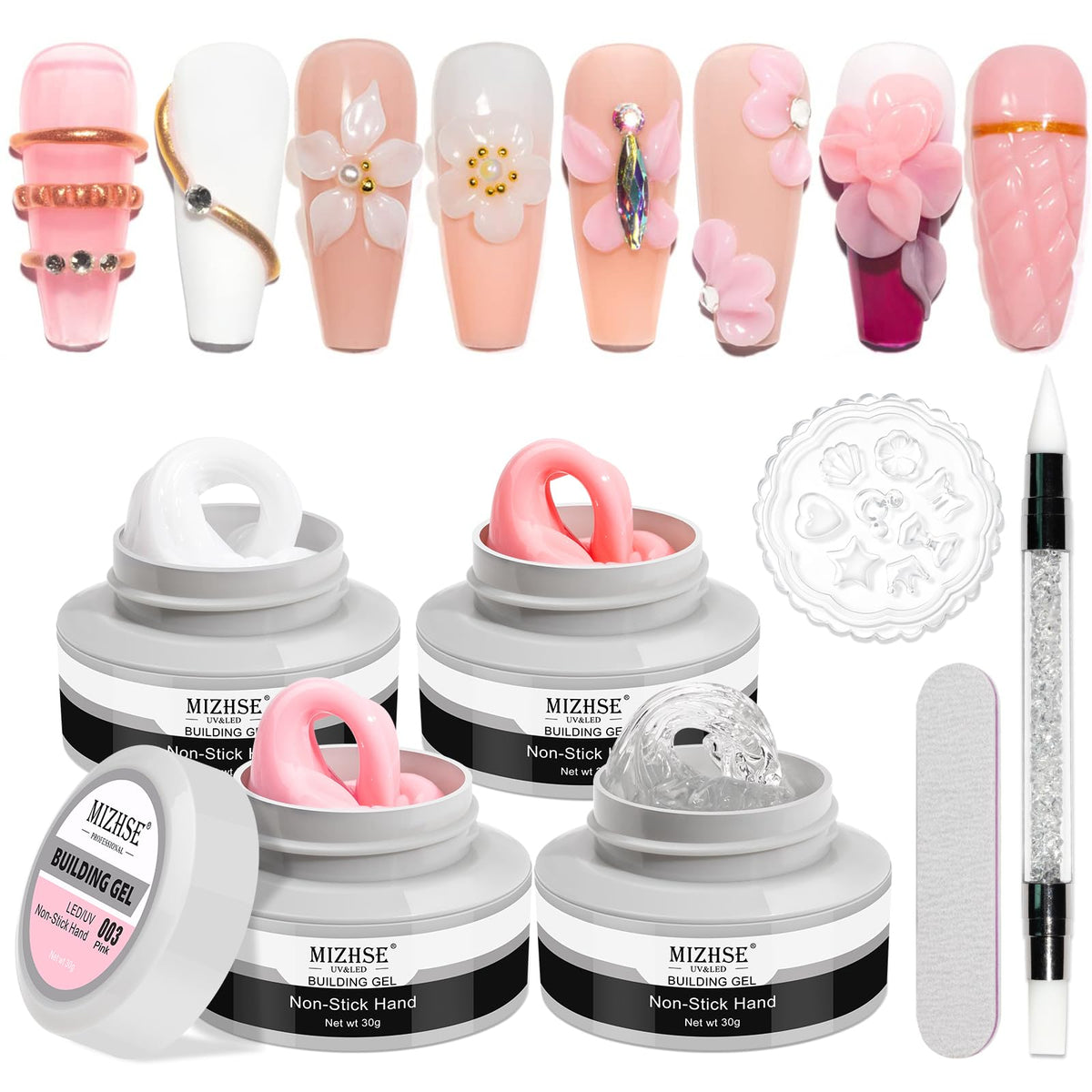 MIZHSE 3D Nail Gel Kit with four solid colours and tools