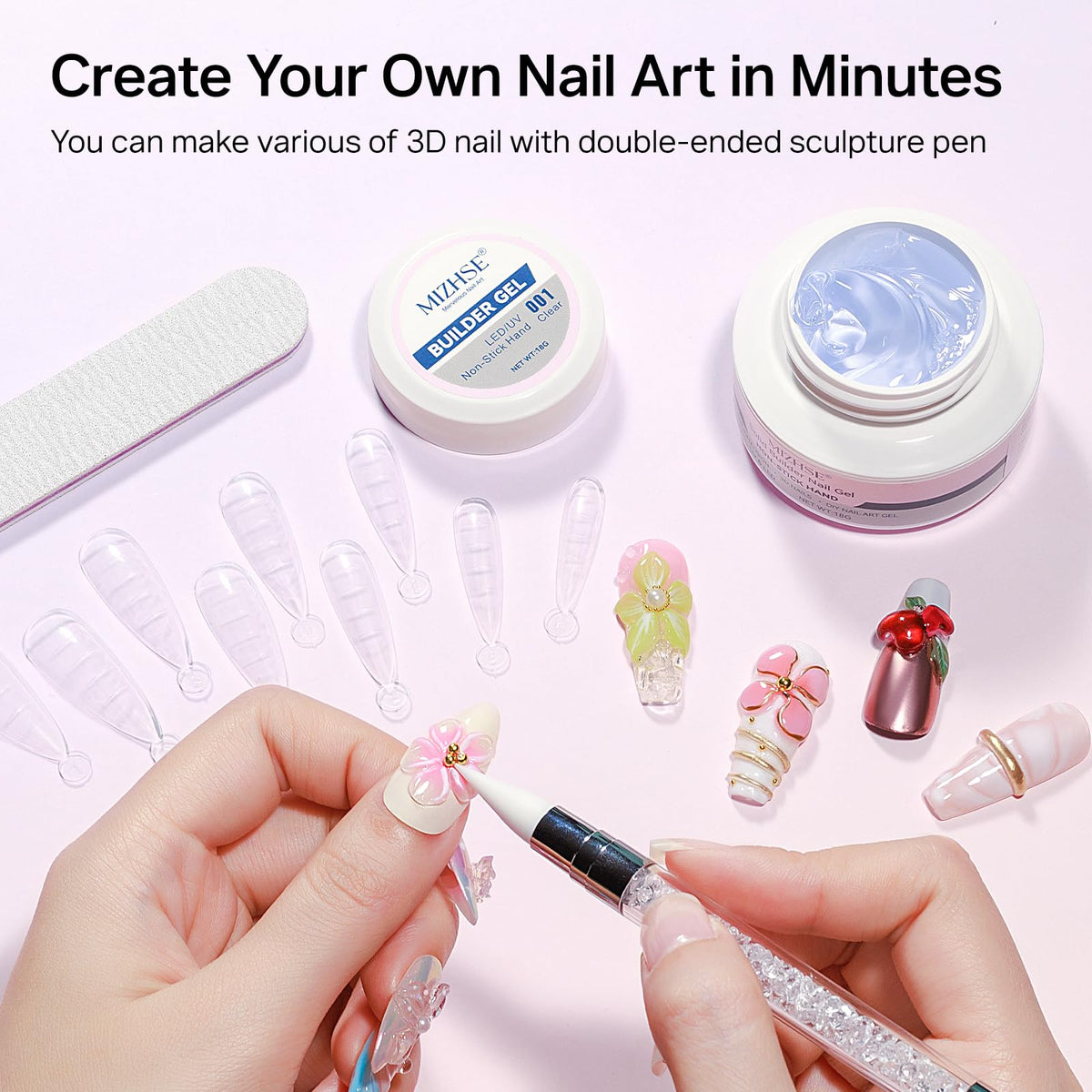 MIZHSE Clear 3D Gel Nail Art Sculpting Gel application process