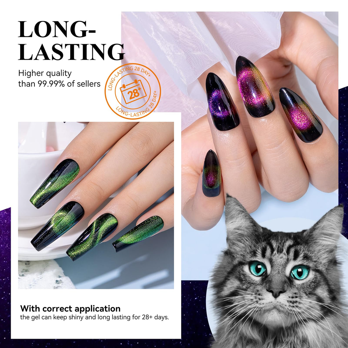 MIZHSE gel nail polish applied on nails with cat eye effect