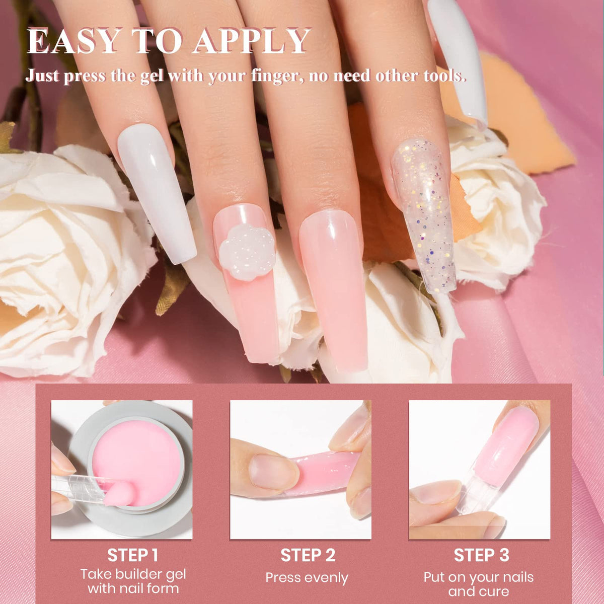 MIZHSE nail gel in pink colour displayed with nail forms