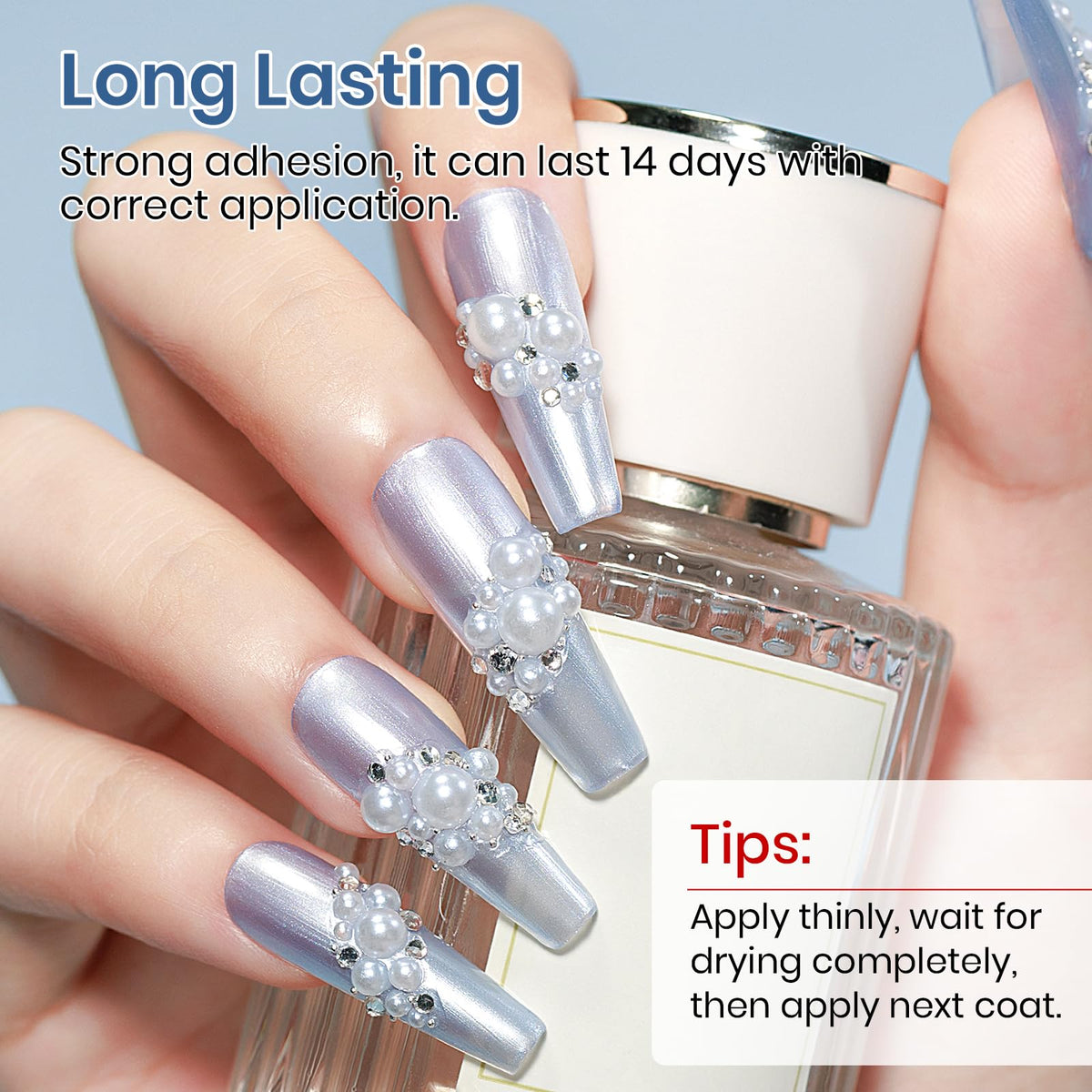 MIZHSE Pearlescent Blue Nail Polish on a nail art display
