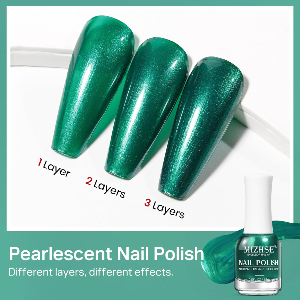 MIZHSE Pearlescent Green Nail Polish applied on nails