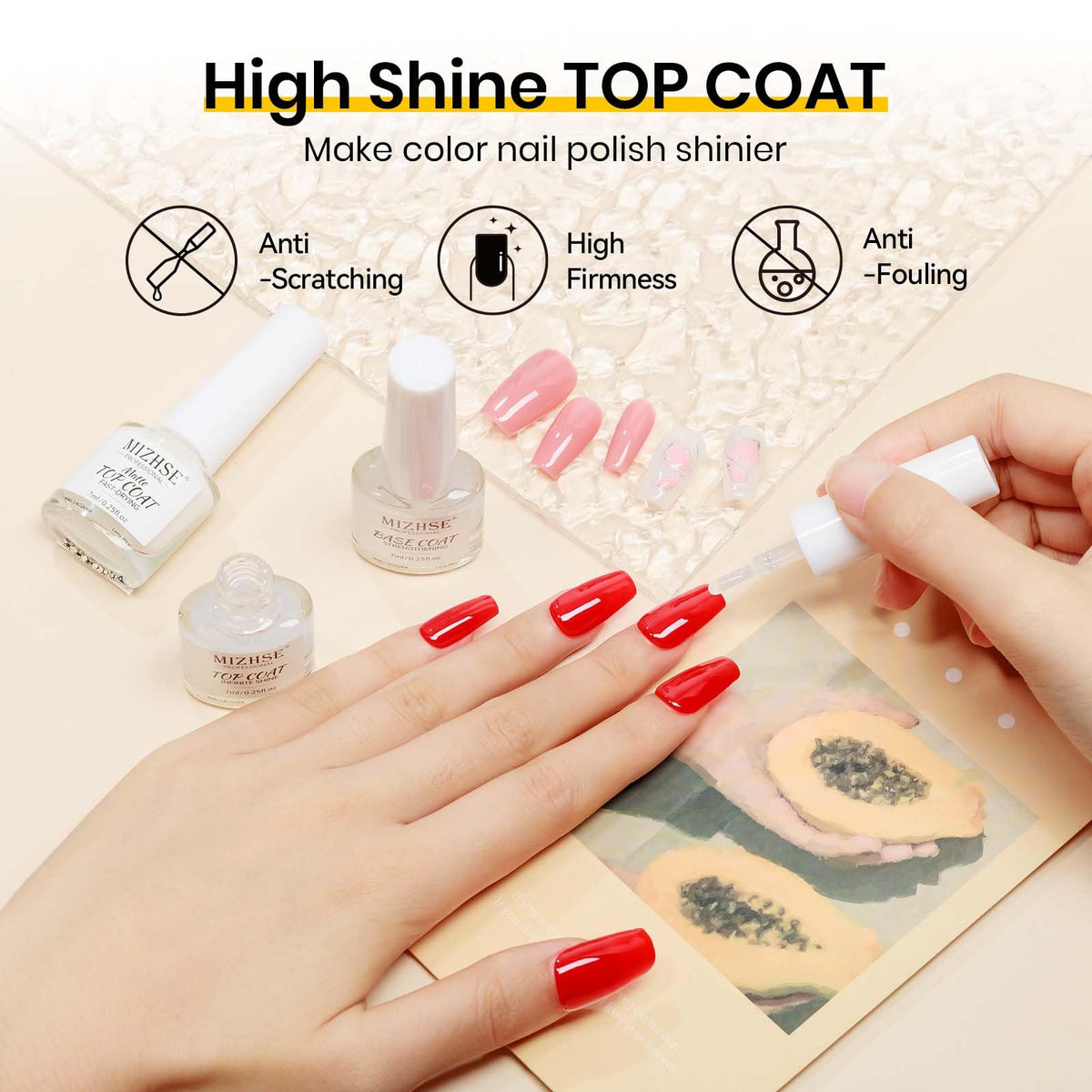 MIZHSE Quick Dry Base and Top Coat Set application scene on nails