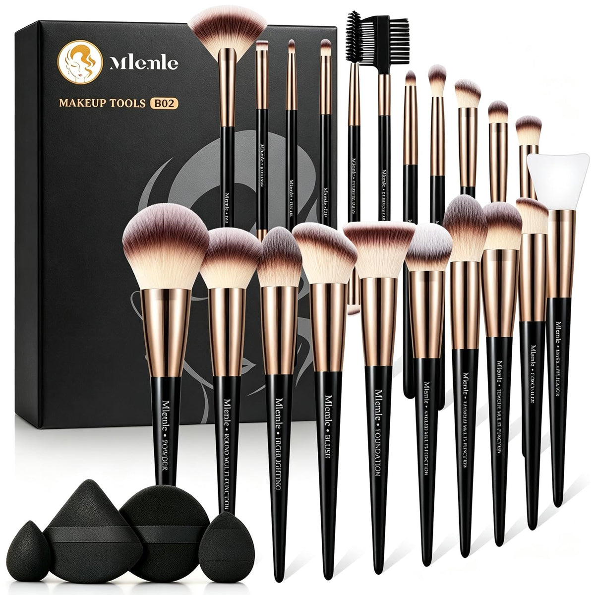 Mlemle 25 Pcs Makeup Brushes Set front view with brushes and sponge