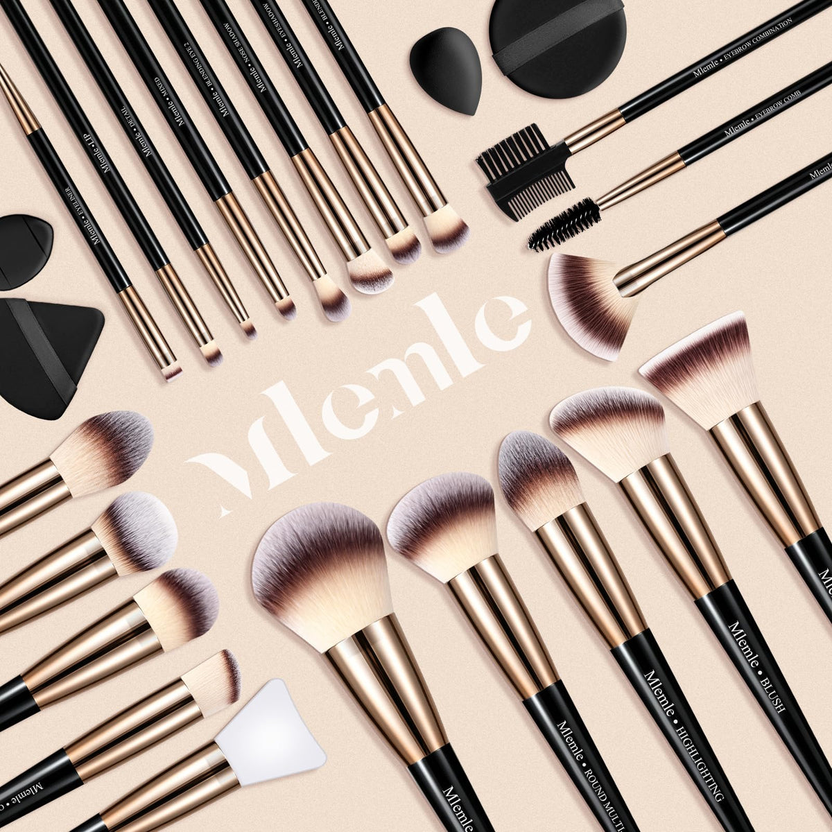 Mlemle makeup brushes set with a background of makeup products