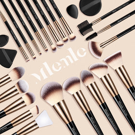 Mlemle makeup brushes set with a background of makeup products