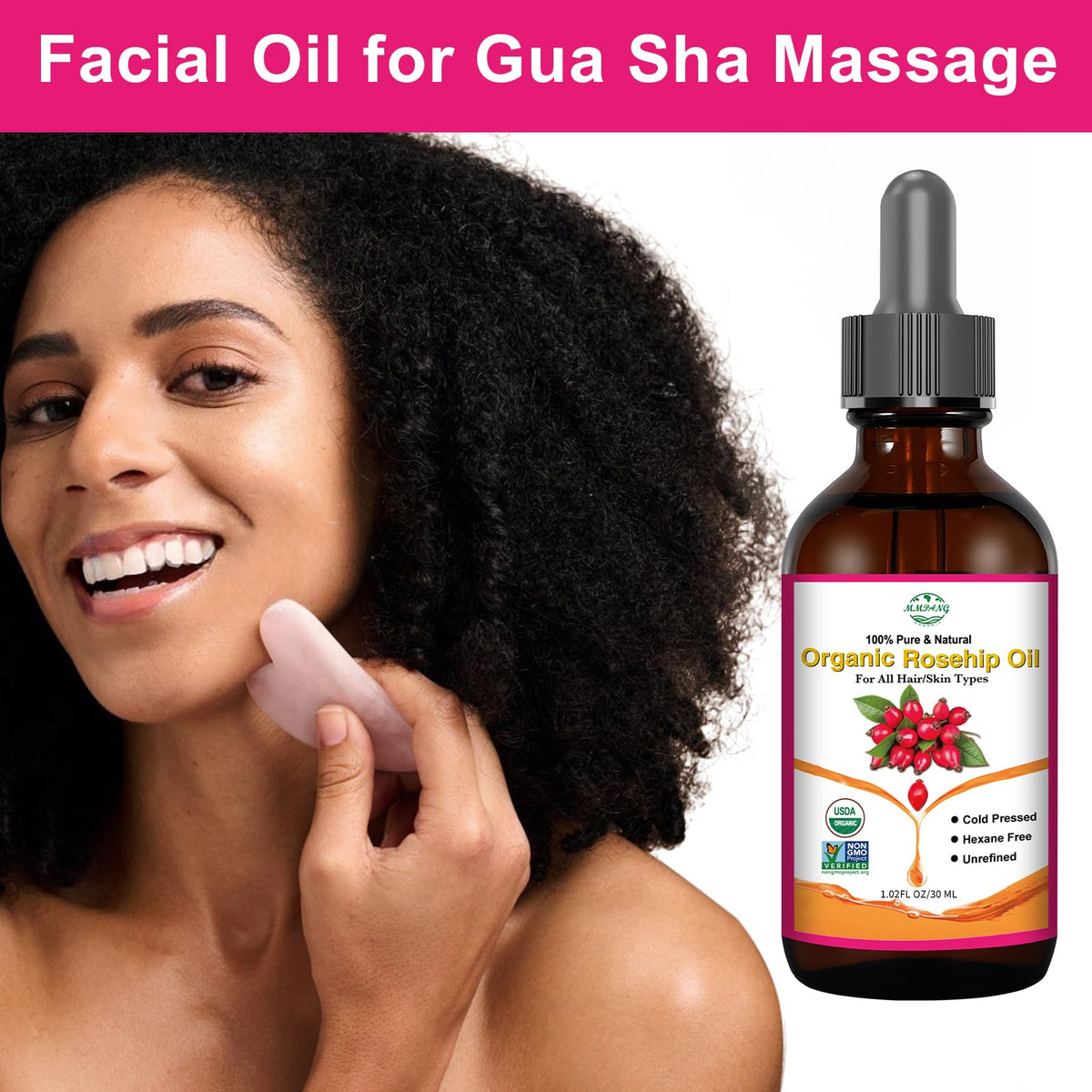 MMPANG Organic Rosehip Seed Oil 82g with fresh rose petals