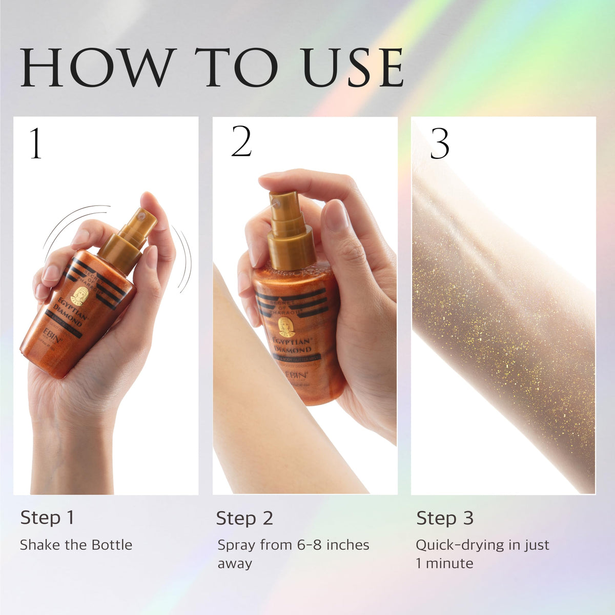 Model applying EBIN NEW YORK Gold Glitter Mist on skin