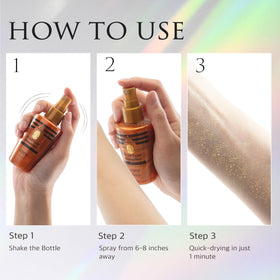 Model applying EBIN NEW YORK Gold Glitter Mist on skin
