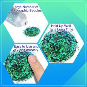Model applying MEICOLY Chameleon Green Body Glitter on face
