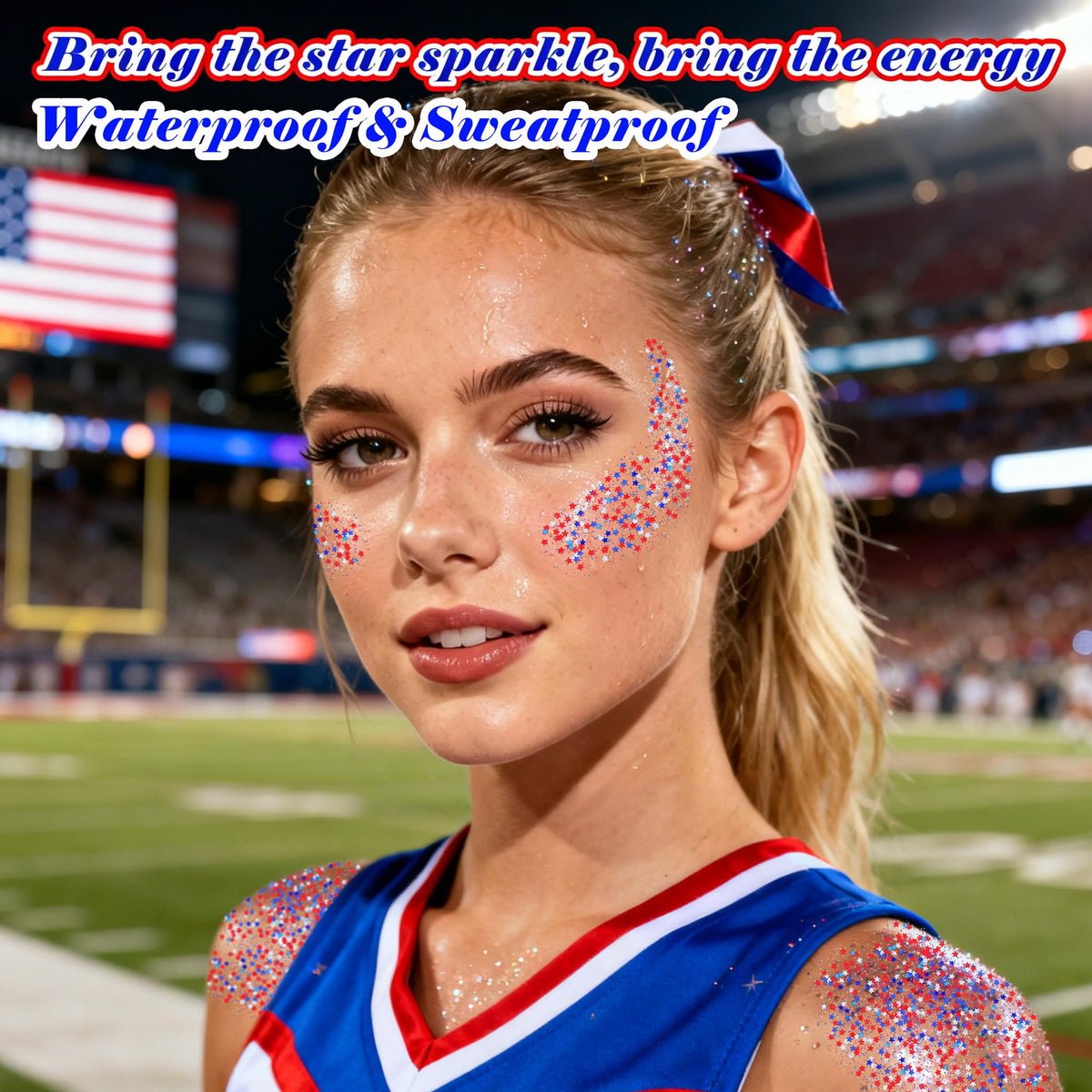 Model applying MEICOLY glitter stick at a 4th of July event