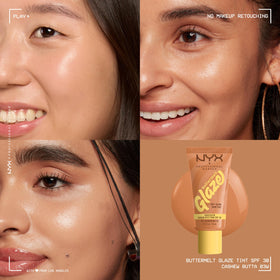 Model applying NYX Buttermelt Glaze Skin Tint on face
