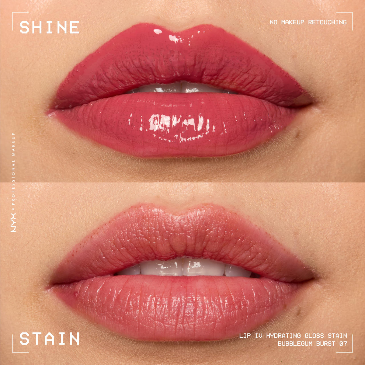 Model applying NYX Lip IV Hydrating Glossy Lip Stain Bubblegum Burst