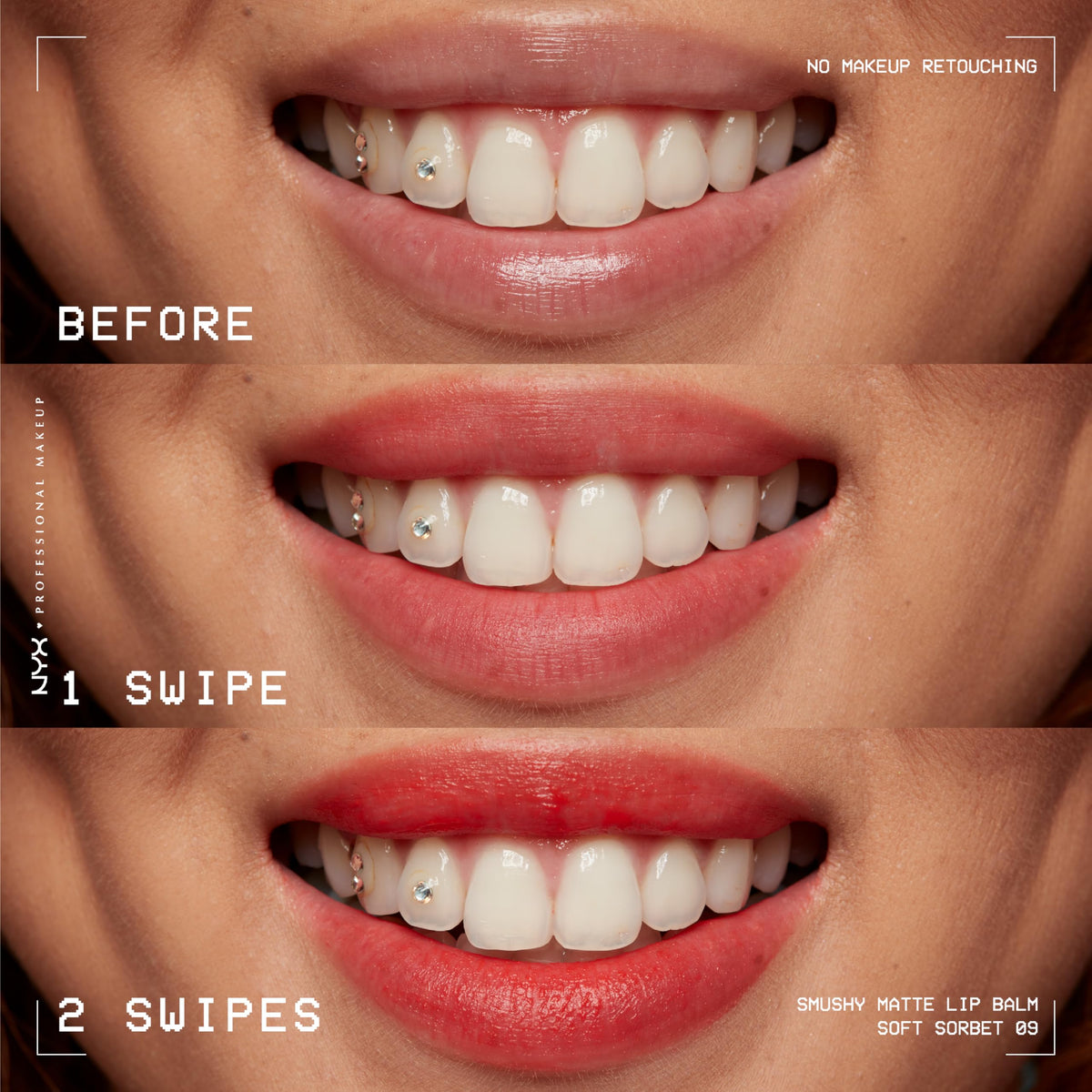 Model applying NYX Smushy Matte Lip Balm She's Serving Fuchsia