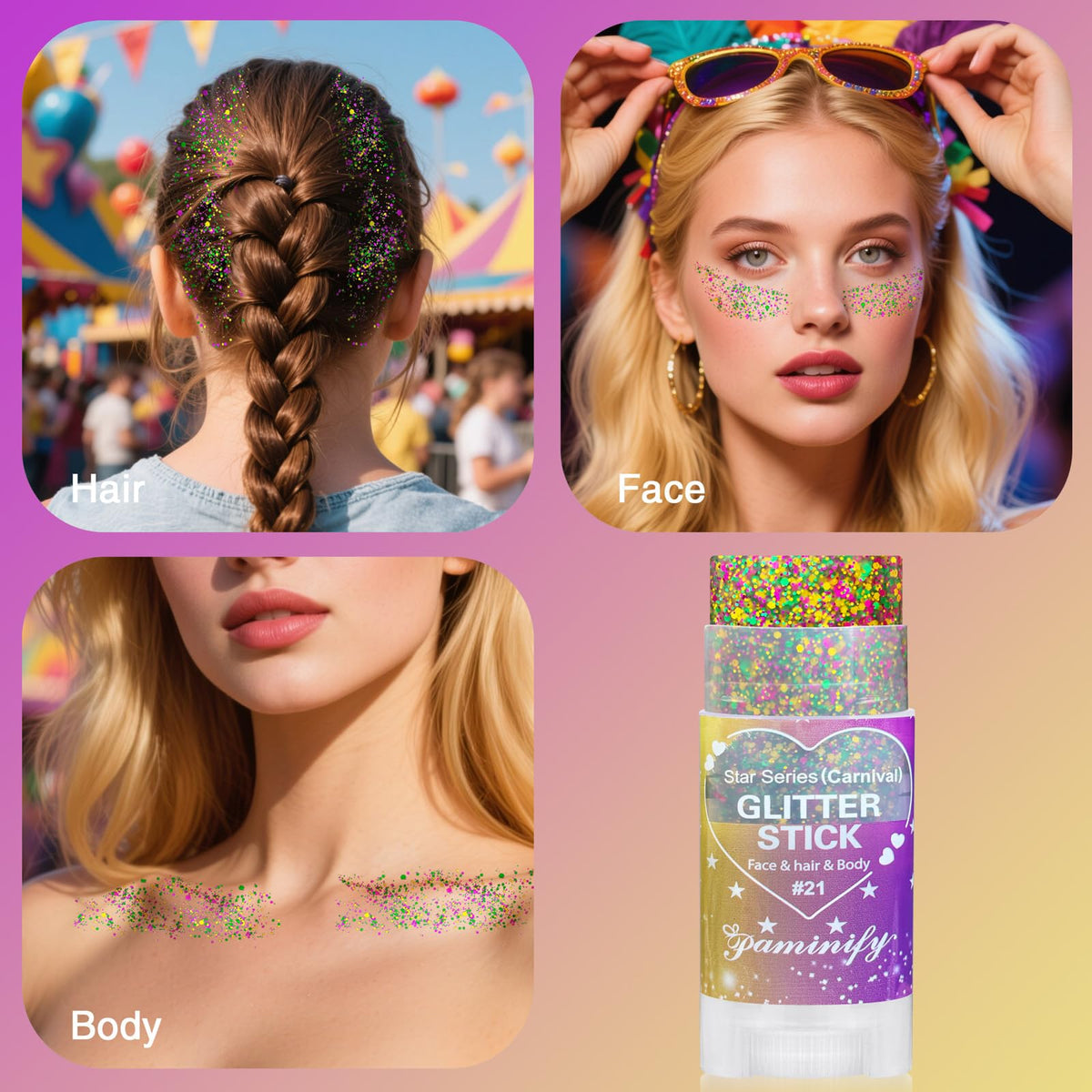 Model applying Paminify Mardi Gras Glitter Stick at a festival