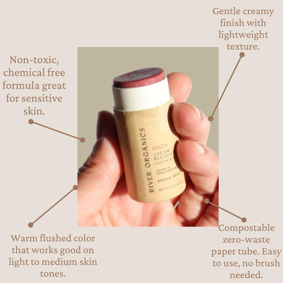 Model applying River Organics Cream Blush Stick on cheeks