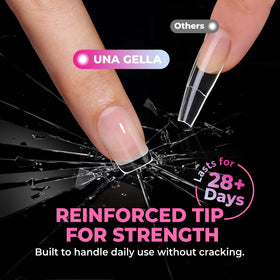 Model applying UNA GELLA Short Square Nail Tips at home