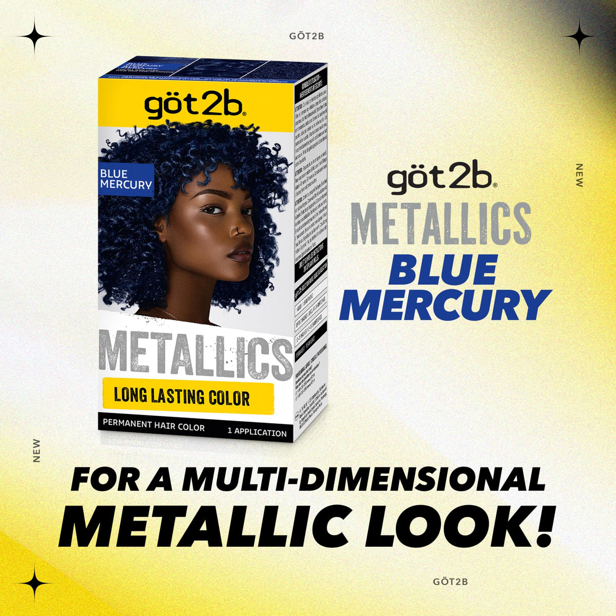 Model showcasing glossy blue hair with Got2B Metallics Blue Mercury