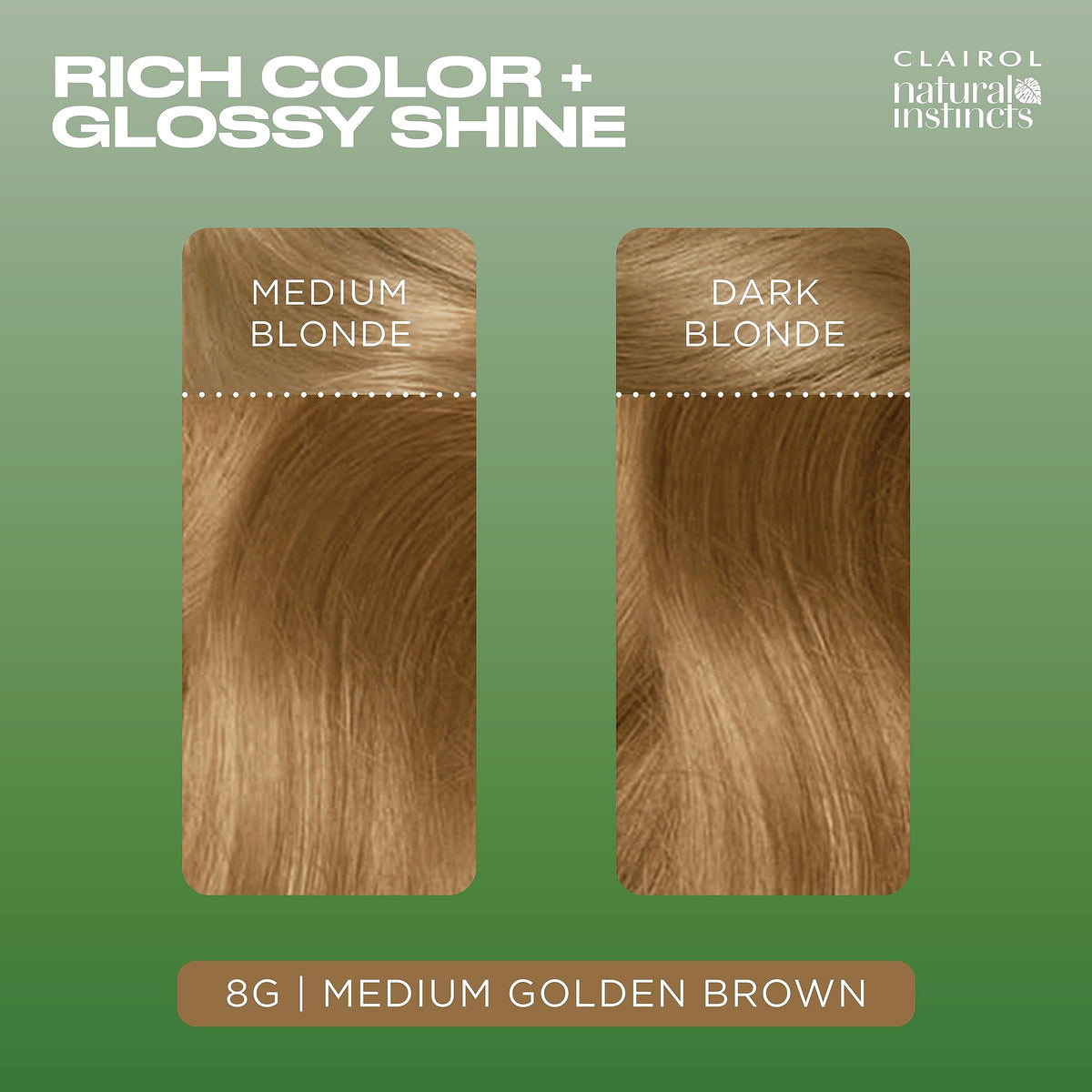 Model showcasing hair dyed with Clairol Natural Instincts 8G Medium Golden Blonde