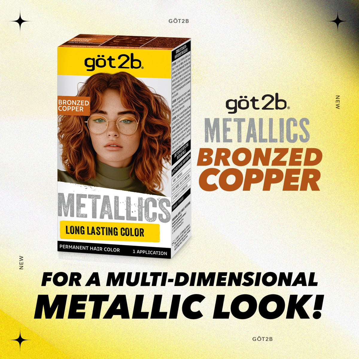 Model showcasing hair dyed with Got2B Metallics Bronzed Copper