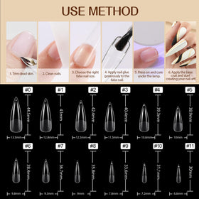 Model showcasing UNA GELLA Stiletto XXL Nail Tips on hands