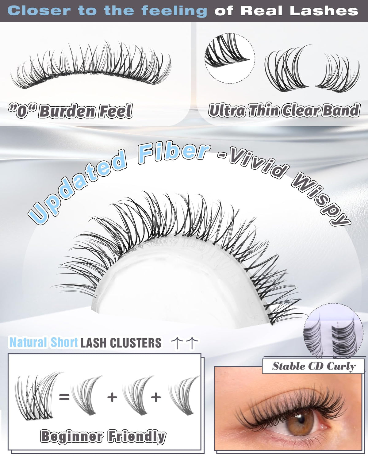 Model wearing ALICE Short Lash Clusters Kit for small eyes