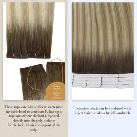 Model wearing Full Shine Tape In Hair Extensions Ash Blonde