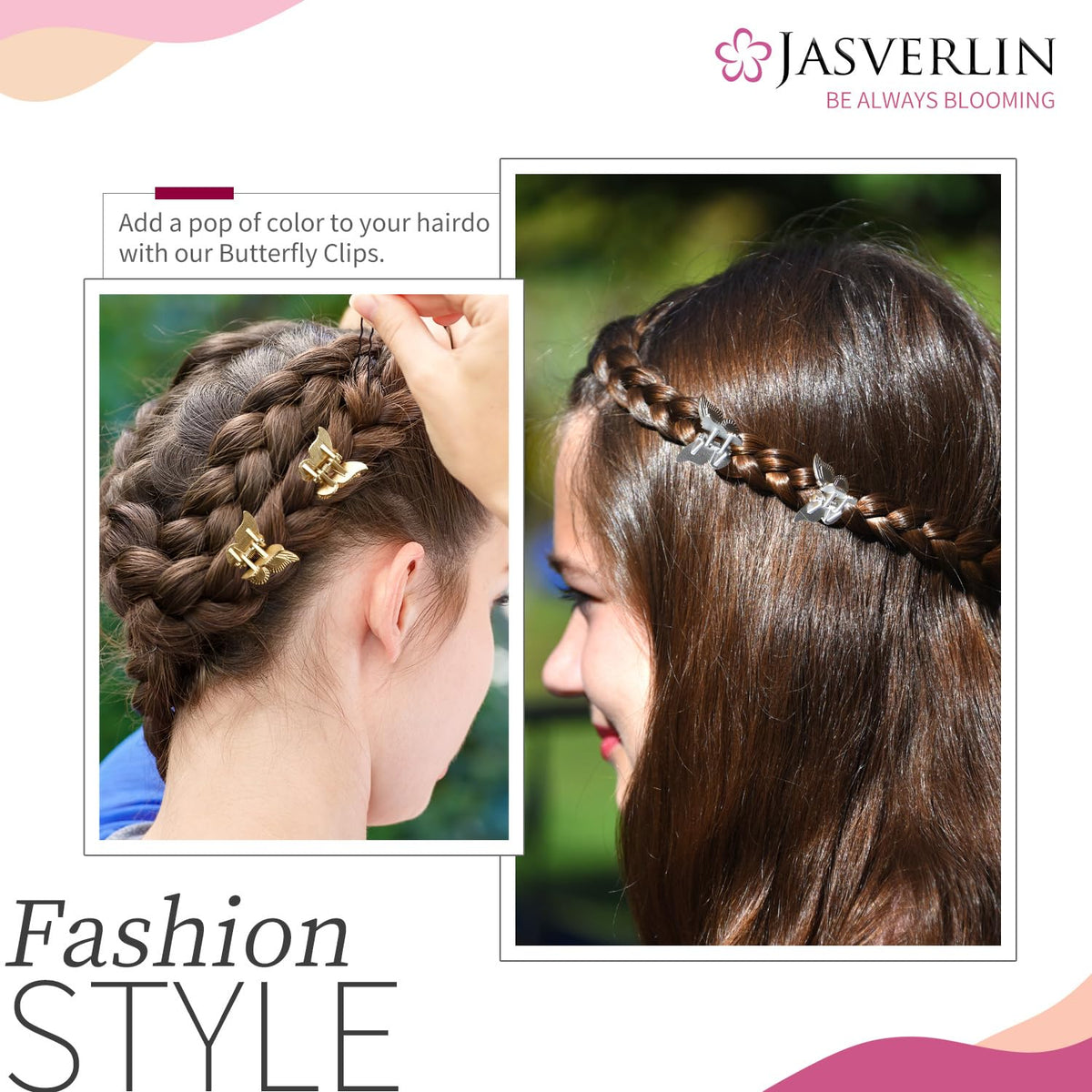 Model wearing JASVERLIN Mini Butterfly Hair Clips in hairstyle