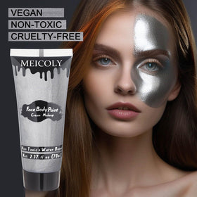 Model wearing MEICOLY Metallic Silver Face Body Paint for cosplay
