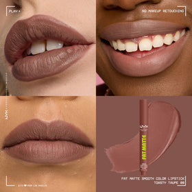 Model wearing NYX Fat Matte Lipstick Toasty Taupe