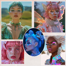 Model wearing Prehot Face Body Glitter at a festival