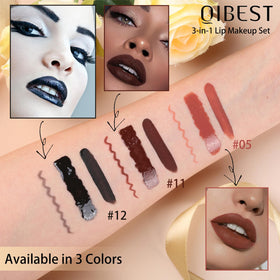 Model wearing QiBest 3-in-1 Black Lipstick