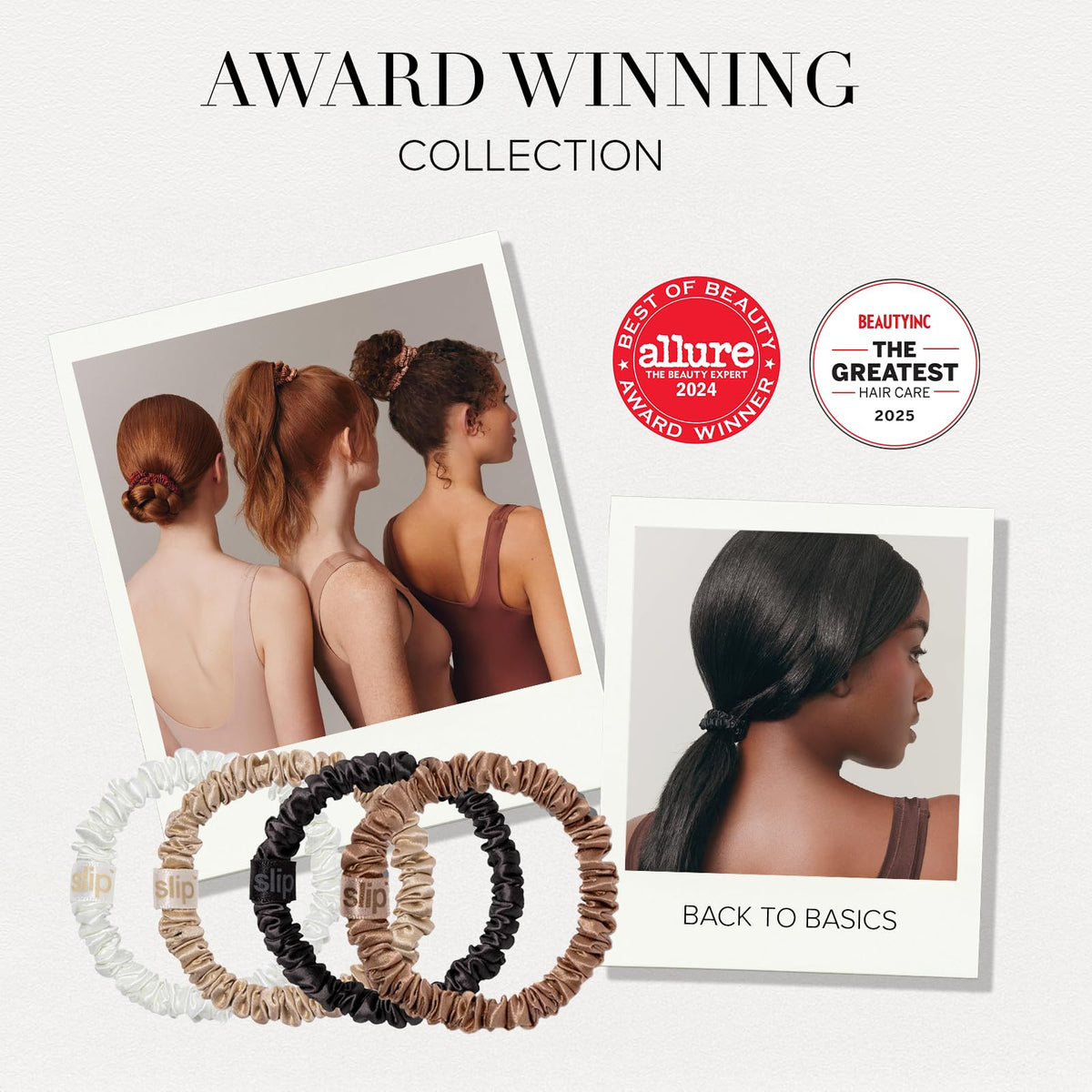 Model wearing SLIP Silk Hair Ties in a sleek ponytail