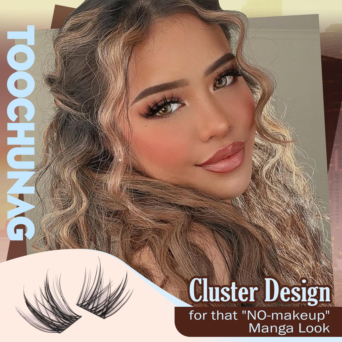 Model wearing TOOCHUNAG Wispy Lash Clusters for a natural look