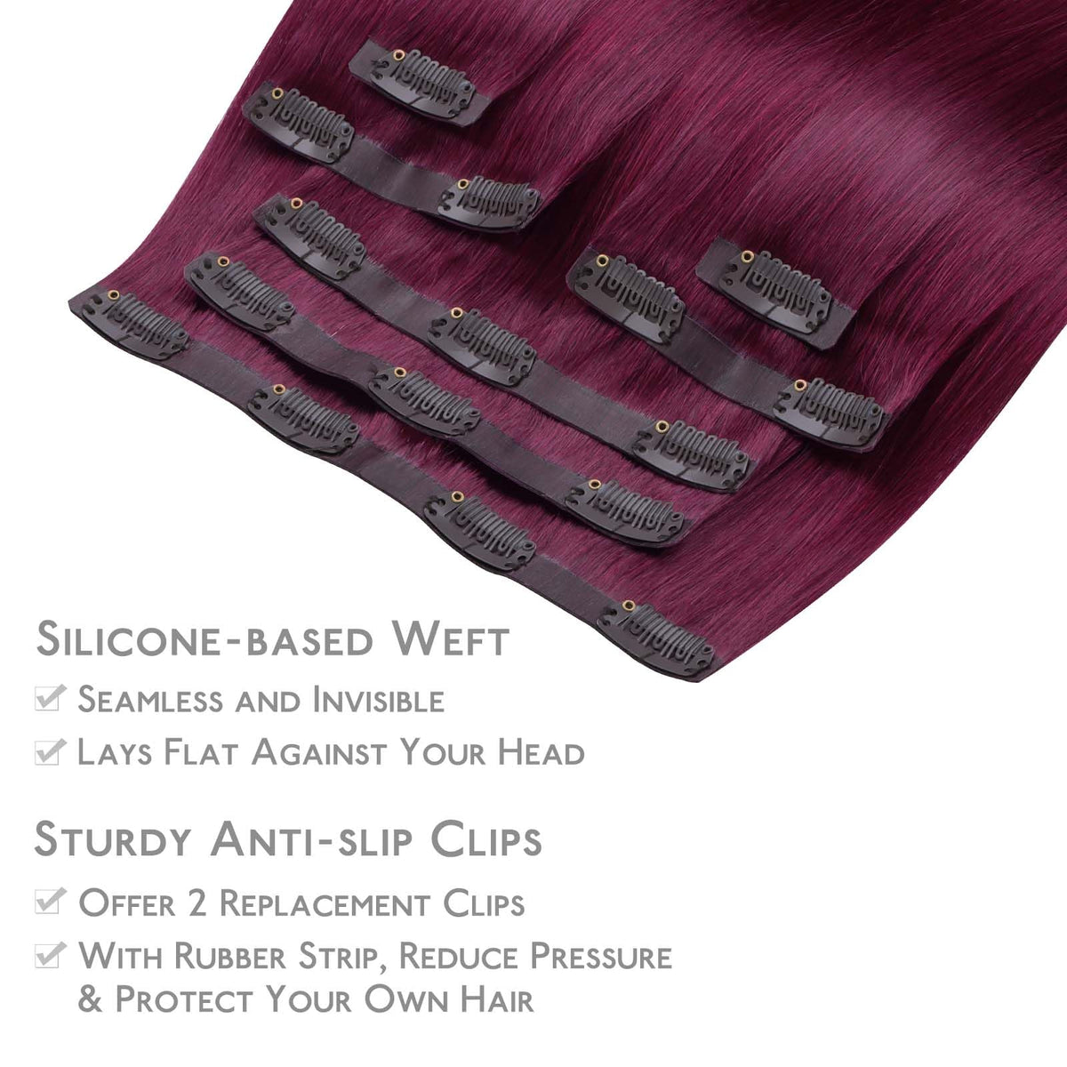 Model wearing Wennalife Clip In Hair Extensions Light Burgundy