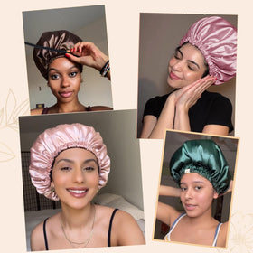 Model wearing YANIBEST Satin Bonnet during face care routine