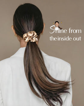 Model wearing YANIBEST satin scrunchies in hair