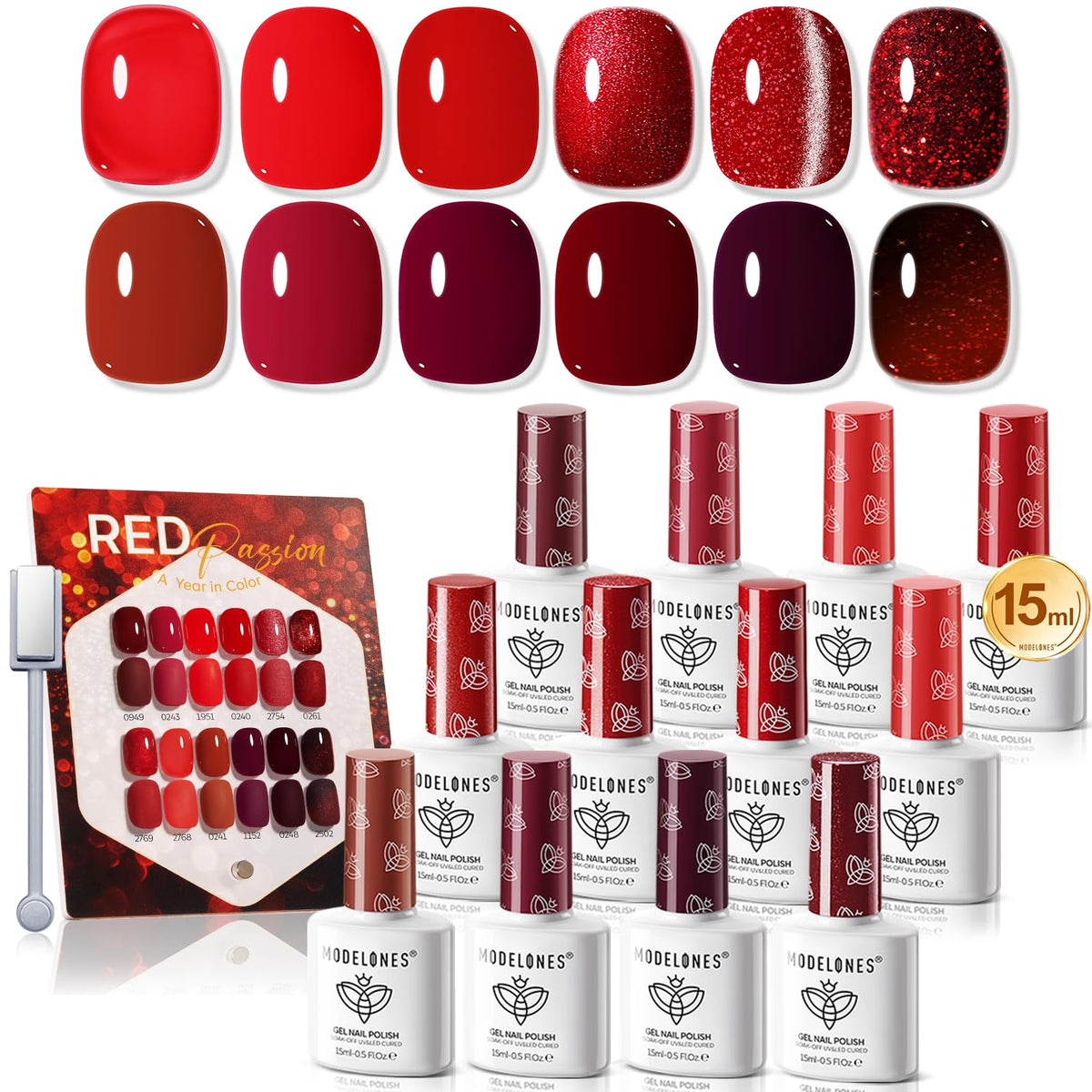 modelones 12Pcs Red Gel Polish Set front view with bottles