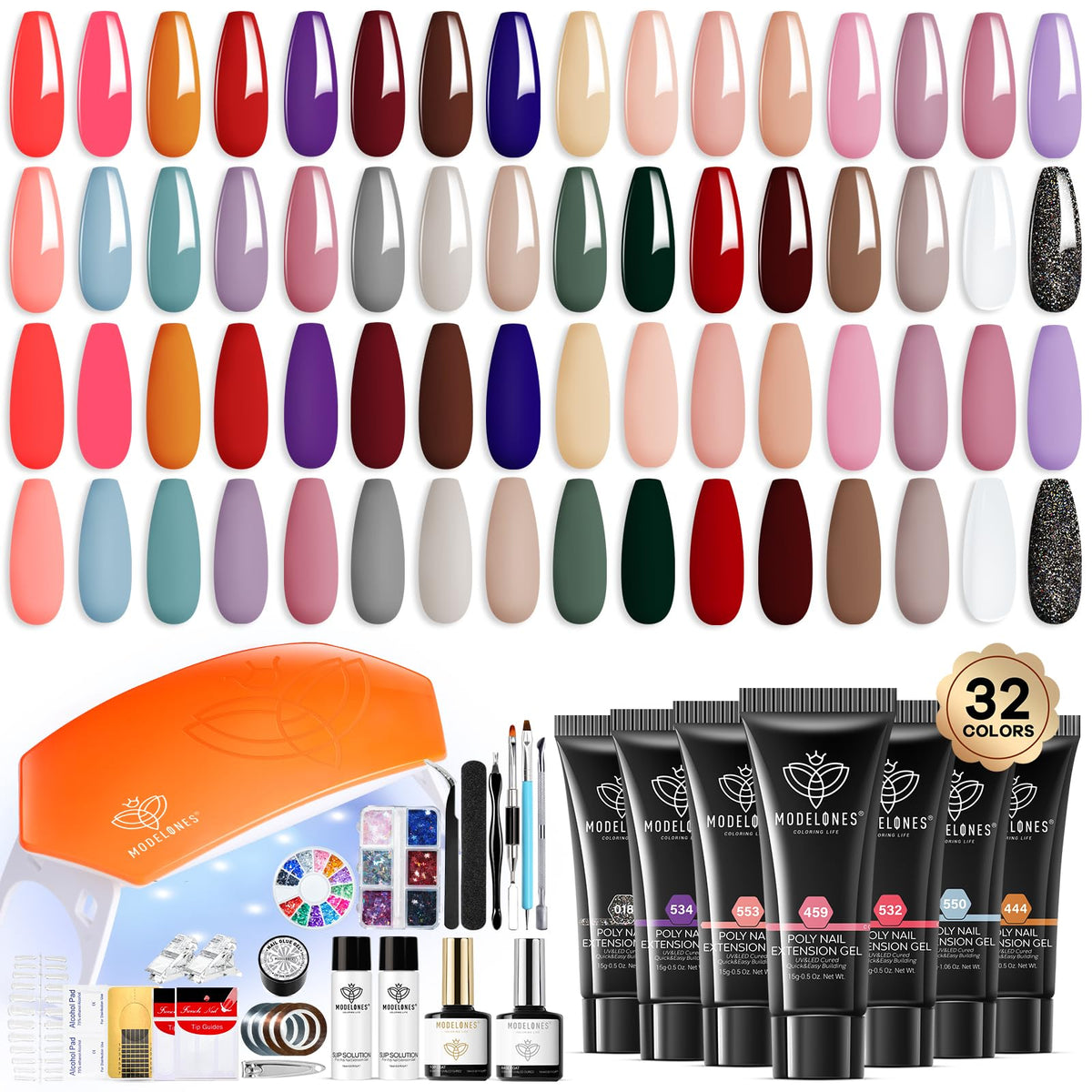 modelones 133pcs Poly Nail Gel Kit with 32 colours and 8W Nail Lamp