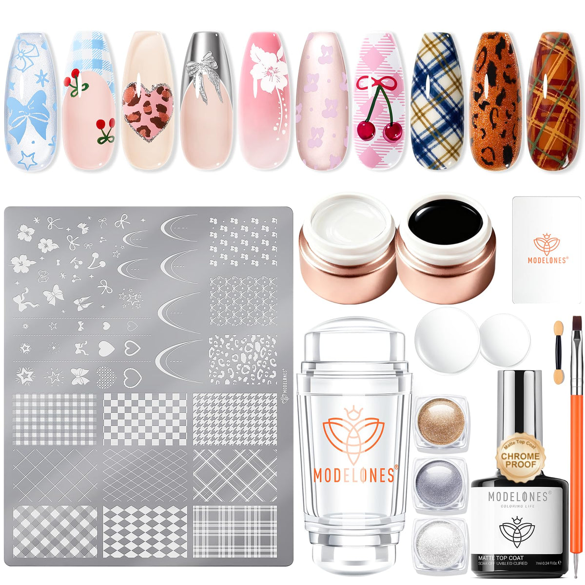 modelones 16Pcs Nail Stamping Kit front view with all components