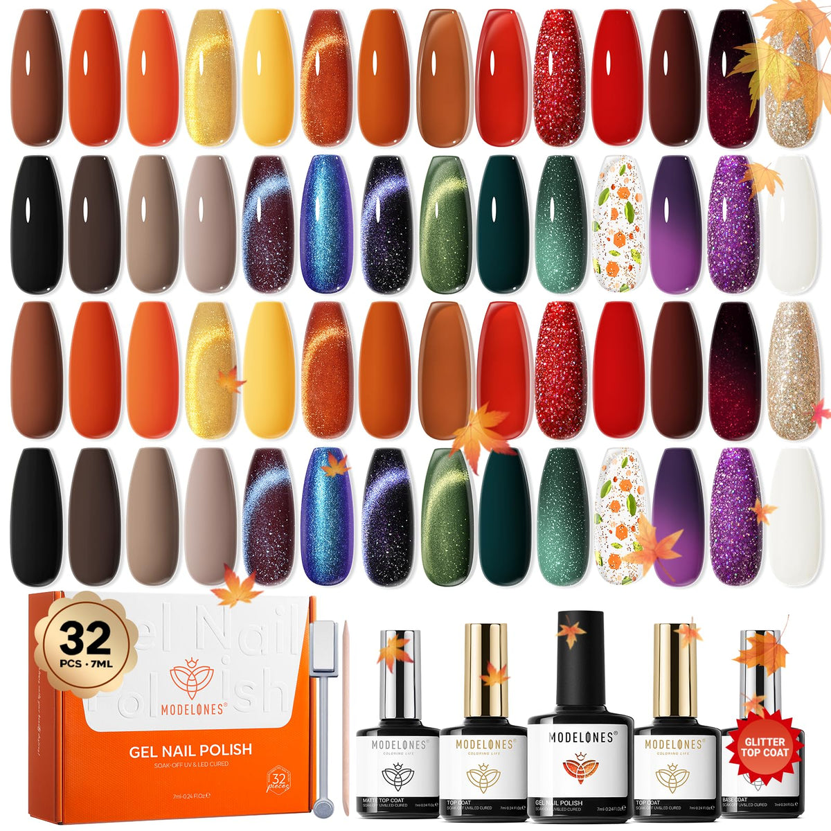 modelones 32 PCS Fall Gel Nail Polish Kit with 28 colours front view