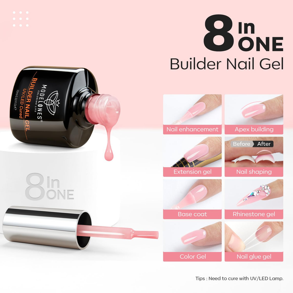 modelones Base Coat Builder Nail Gel rose nude pink front view