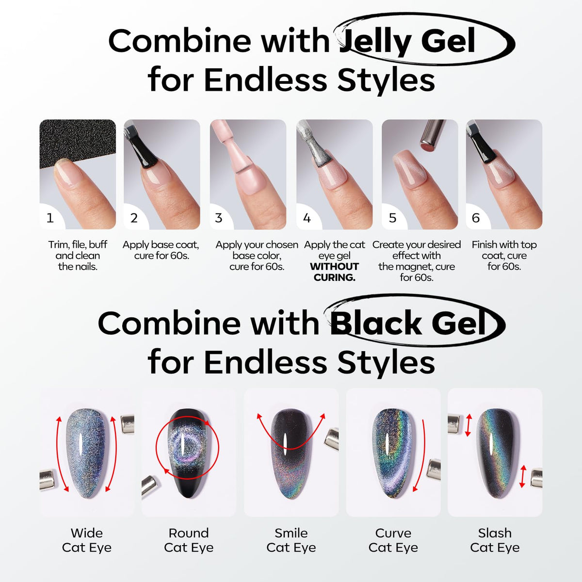 modelones Black Cat Eye Gel Nail Polish 15ML with various cat eye designs