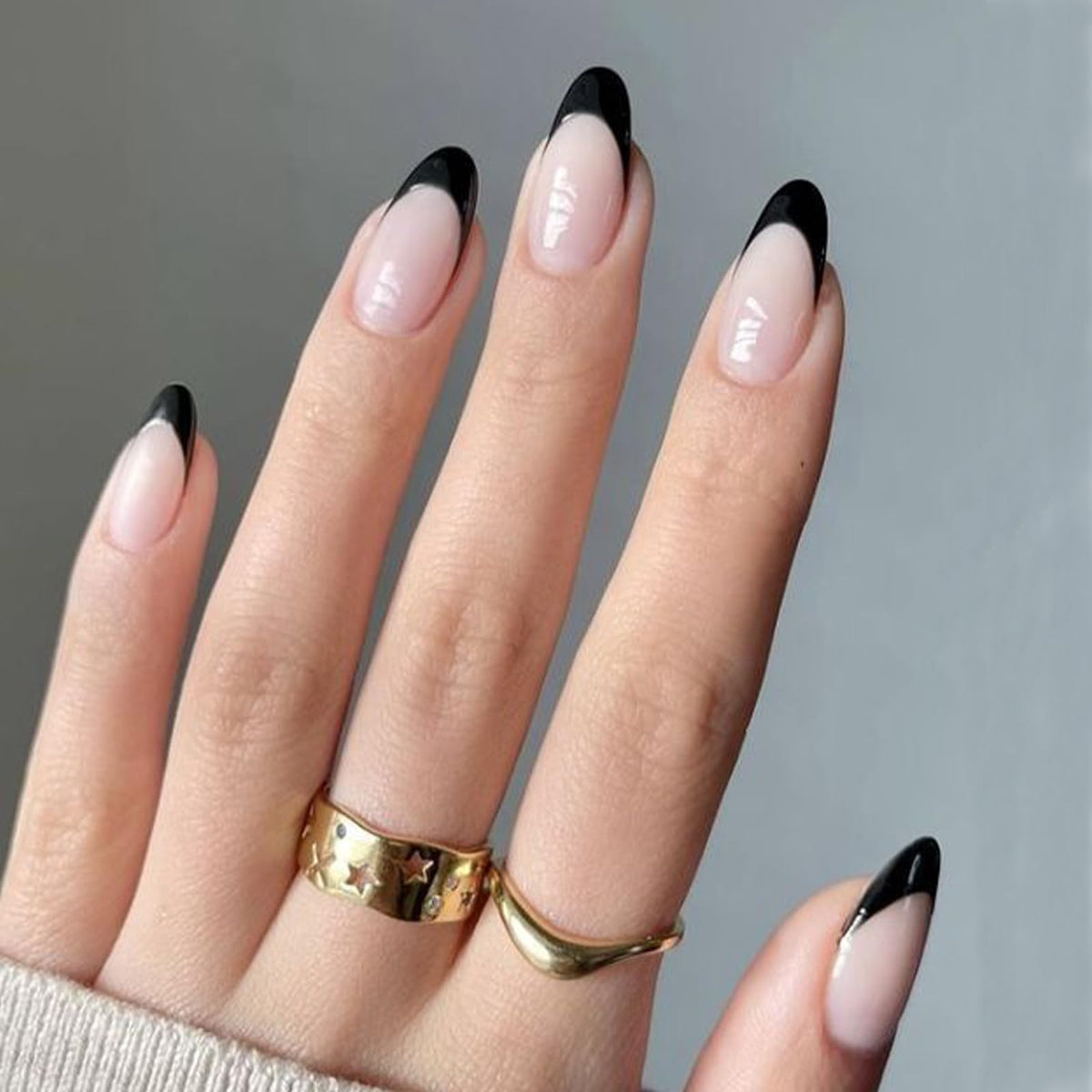 modelones Black French Tip Press On Nails short almond front view