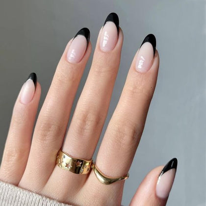 modelones Black French Tip Press On Nails short almond front view
