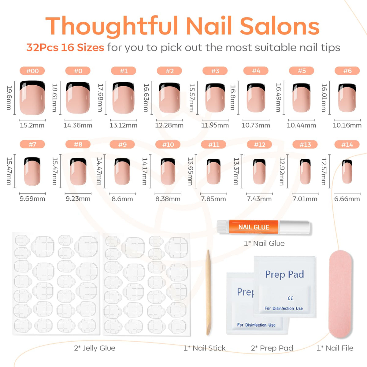 modelones Black French Tip Press on Nails Short showing different sizes