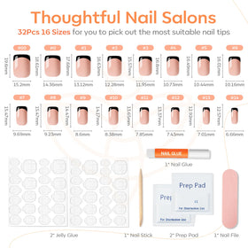 modelones Black French Tip Press on Nails Short showing different sizes