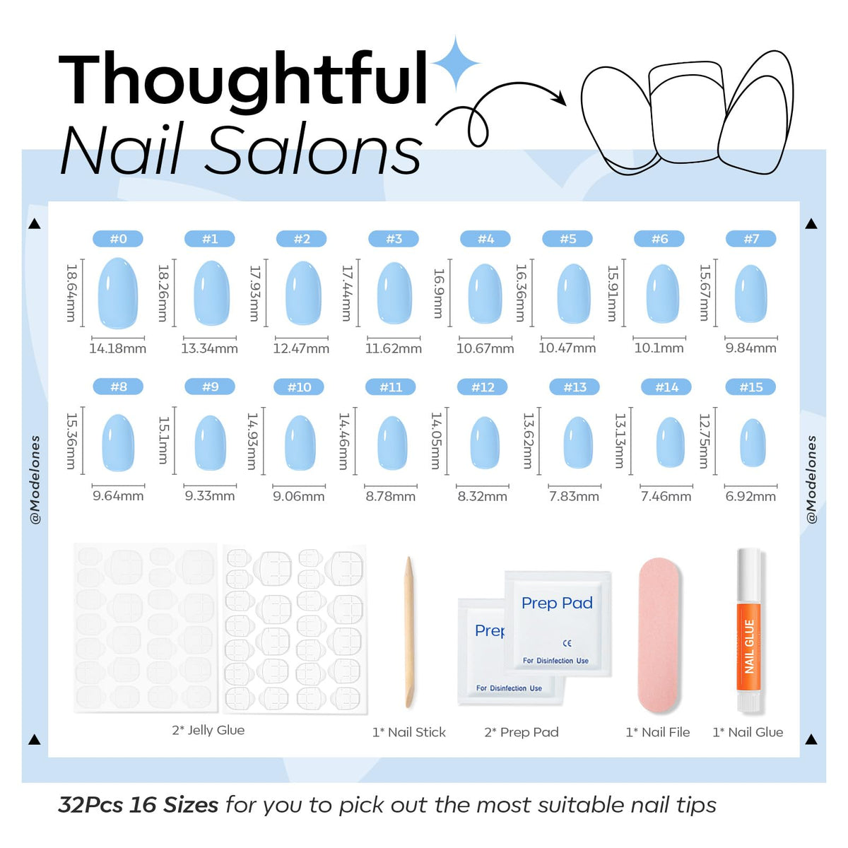 modelones Blue Short Press on Nails with adhesive tabs